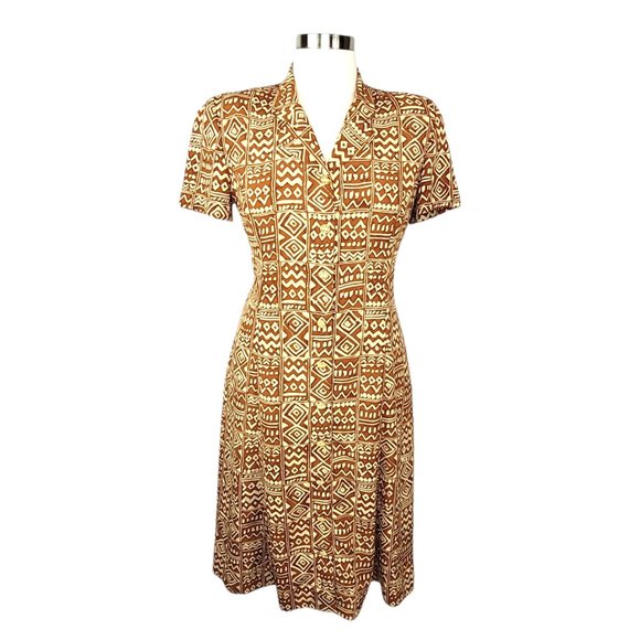1990s LESLIE FAY Tie Back Button Front Dress Tan Geo Ethnic Print Volup SZ 14 - Picture 1 of 10